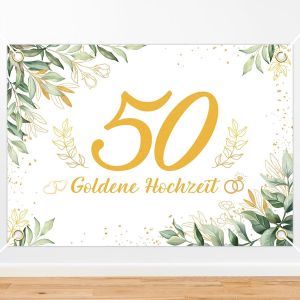 Checarzhn--No1-Toile De Fond De Mariage Dorée 170 X 120 Cm 50e Anniversaire De Mariage Bannière 50e Anniversaire De Mariage Décoration De Mariage Feuille Verte Bannière De Mariage 50e Anniversaire Dé - Neuf