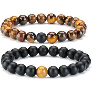 2 Pcs En Oeil De Tigre Pierre De Bracelet & Agate Noir Mat Distance Bracelet Pour Hommes Femmes Couple Ensemble - Neuf