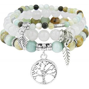 Kalanka-3 Pcs Bracelet Pierre Naturelle Femme,Boho Bracelet Perles Femme Avec Pendentif Arbre De Vie,Bracelets De Yoga Femmes,17-24 Cm Bracelets Pierre Coloré,Bijoux Cadeau Pour Femmes Fille - Neuf