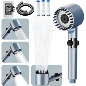 Pommeau Douche Haute Pression,Pommeau de Douche Filtre Anti-Calcaire à Cartouche Remplaçable,Pommeau Douche Économie d'Eau avec 4 Modes de Jets,Bouton d'Arrêt Instantané et Tuyau 1.5Mètres -Bleu - Neuf