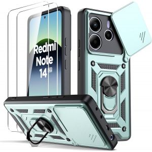 Thsds-- Coque Pour Xiaomi Redmi Note 14 5g, [2 Protecteur Verre Trempé] Avec Couvercle Coulissant De Caméra, Support D`Anneau Rotatif, Coque De Protection Antichoc Anti-Rayures - Vert - Neuf