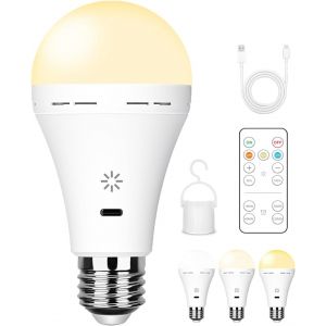 Kalanka-Ampoule Rechargeable Usb Avec T&eacute;l&eacute;commande, 3 Temp. De Couleur, E27 Led Dimmable, 7w Ampoules De Touch Control Avec Minuterie, Ampoule De Secours Avec Crochet, 2600mah, 1 Pack - Neuf