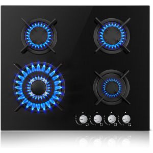 Checarzhn--No1-Plaque De Cuisson Gaz 4 Feux, 60cm Plaque Gaz 4 Feux Avec Sécurité Thermocouple, Cuisinière Encastrable, Naturel/Propane, 8060w, 220-240 V, Verre Noir - Neuf