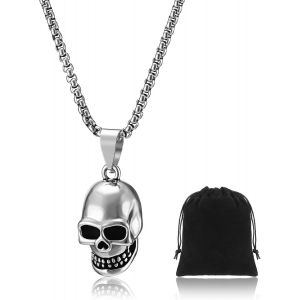 Kal-Collier De Cr&acirc;ne Collier De T&ecirc;te De Mort Avec Sac Pendentif Gothique De Cr&acirc;ne Punk En Cha&icirc;ne Anniversaire D'halloween Pour Hommes Femmes Cadeaux Bijoux - Neuf