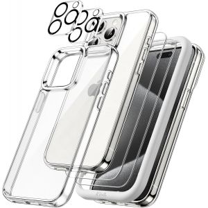 JGD-5 en 1 Coque pour iPhone 15 Pro 6,1 Pouces avec 2 Protection D'&eacute;cran en Verre Tremp&eacute; et 2 Protecteur de Cam&eacute;ra, &Eacute;tui Housse Antichoc Non-Jaunissement (Transparente) - Neuf