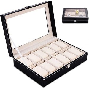 Kal-Boîte À Montres,Coffret À Montres,Rangement Pour Montres Avec 12 Compartiments Montres Boîte,Boîte À Montre Couvercle Avec Miroir,Présentoir À Montres Avec Coussins Détachables(30 * 20 * 8cm) - Neuf