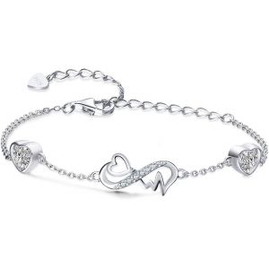 Eryi-Bracelet Infini Coeur Argent Sterling 925 Bracelet Femme Avec 2 Coeurs Pierres De Naissance Réglables Infinity Heart Ecg Bracelets, Belle Bijoux Cadeau D'anniversaire Pour Fille Maman - Neuf