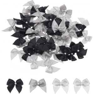 Kal-60pcs Mini Noir/Gris/Argent Noeud En Ruban Avec Perle 1'' Appliques De Fleurs En Ruban Pour Bricolage, Noeuds Pour Cheveux, Couture, F&ecirc;te De Mariage, D&eacute;coration De No&euml;l - Neuf