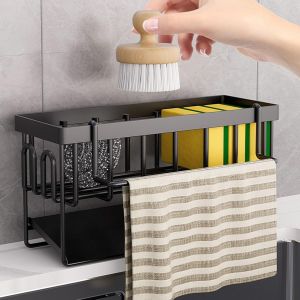 JGD-Porte Eponge evier Cuisine, Organisateur evier avec &eacute;gouttoir Automatique, M&eacute;tal Porte-&eacute;ponge avec Porte-torchons - Noir - Neuf