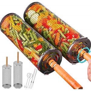 Ulteronixshop-Lot de 2 paniers de barbecue cylindriques en acier inoxydable avec poign&eacute;e amovible pour barbecue, camping, ext&eacute;rieur, rotatif, accessoires de barbecue pour l&eacute;gumes, poissons, viandes, - Neuf