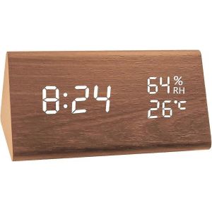 Réveil numérique LED en forme de triangle - Bois - Moderne - Horloge de bureau - Réveil numérique avec commande vocale,répétition,date,température et humidité. - Neuf