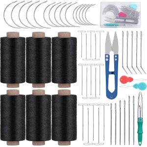 Chenquansarl-Lot De 6 Rouleaux De Fil D'extension De Cheveux, 130 M De Fil &Agrave; Coudre En Polyester Noir Avec 41 Aiguilles En Forme De I/T/C/J Pour Fabrication De Perruques, Couture &Agrave; La Main - Neuf
