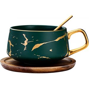 Eryi-Ensemble De Tasse À Thé En Porcelaine - Avec Sous-Tasse Et Cuillère - Pour La Maison, Les Restaurants - (1 Pièce), Vert, 300 Ml - Neuf