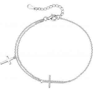 Eryi-Bracelet Croix Femme Argent 925 Double Croix Pendentif Avec Zircone Cubique Réglable Cadeau Saint Valentin Femme - Neuf