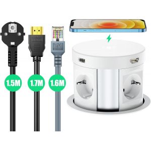 Bloc Multiprise Escamotable 4 Prises Et 2 Usb, Prise Encastrable Avec Chargeur Sans Fil, 1 Rj45 + 1 Hdmi Ports, Multiprise Electrique Pour Plan De Travail De Cuisine Ou Table De Bureau, 1,5M Câble - Neuf