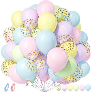 KALANKA-Ballons Pastel, 50 Pièces Arc-en-Ciel Macaron Bleu Rose Vert Jaune Violet Or Confettis Ballon Hélium Fille Garçon Enfant Anniversaire Mariage Valentin Graduation Proposition Mascarade Déco - Neuf