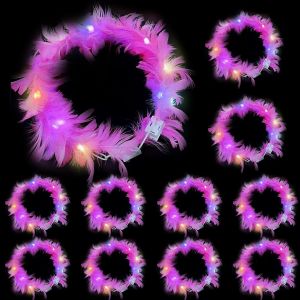 Kal-Couronne De Fleurs Led, 10 Pcs Couronne De Plumes Bandeau, Led Plumes Guirlande Cheveux, Pour Les Femmes Filles Fête De Mariage D'anniversaire Carnaval Noël Halloween Accessoires (Rose) - Neuf