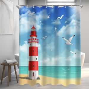 Tianyi-Rideau De Douche 120 X 180 Cm - Motif Phare - Ourlet Lest&eacute; - Anti-Moisissure - Imperm&eacute;able - Lavable - En Polyester - Avec 8 ?illets Et Anneaux De Rideau De Douche - Pour Salle De Bain - Neuf