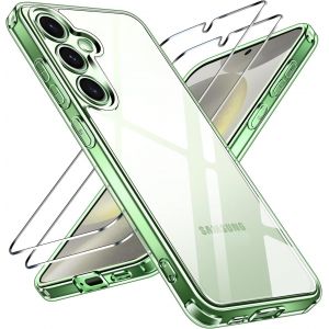 JGD-Anti-Jaunissement HD Clair Coque pour Samsung Galaxy S24 5G avec 2 Pi&egrave;ces Verre Tremp&eacute;, [Protection Militaire] Transparente &Eacute;tui de Protection Antichoc Mince Bumper Housse (Vert) - Neuf