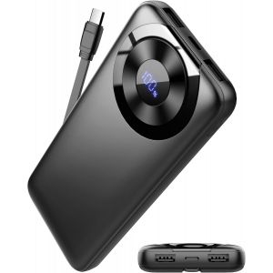 Batterie Externe 10000mah,Power Bank Charge Rapide Batterie Portable 3a Usb C Input Et Output,4 Sorties Avec Câbles Intégrés,Chargeur Externe Pour Iphone 16 15 14 13 12 Samsung Tablettes Et Autres - Neuf