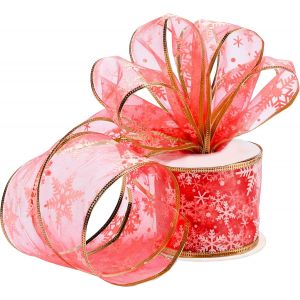Kal-Ruban Cadeau Organza Rouge - 10 M X 6,3 Cm Avec Paillettes Et Flocons De Neige Pour D&eacute;corations De No&euml;l - Large Pour Emballage Et D&eacute;co - Neuf