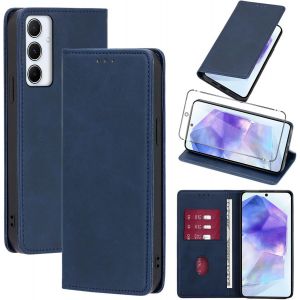 Kal-Coque Cuir Pour Samsung Galaxy A55 Avec 1 Verre Trempé Etui À Rabat En Pu Porte-Cartes Portefeuille Support Flip Housse Magnétique Antichoc Anti-Rayures Case,Bleu - Neuf