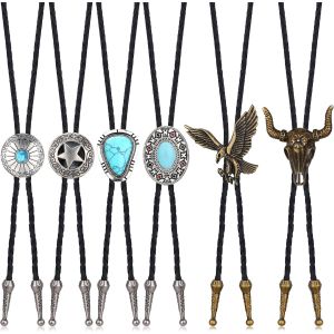 Trahoo-6 Pcs Bolo Cravate Turquoise À La Main Forme Ronde Western Cowboy Noir En Cuir Cravate Bola Cravate Halloween Costume Accessoires Pour Hommes Femmes - Neuf