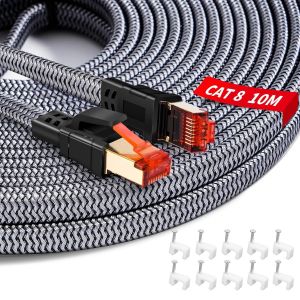 Cable Ethernet Cat 8 10m, 40Gbps 2000MHz Cable Reseau RJ45 Cat 8 Nylon Tressé Câble Ethernet Super Débit Câbles Ethernet Cable Internet pour Router, Switch, Modem, Laptop, PS5/PS4, Smart TV, Xbox - Neuf