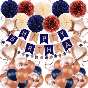 Eryi-Décorations D'anniversaire - Bannière « Happy Birthday », Pompons En Papier - Pour Garçons, Filles, Hommes, Femmes (Bleu Marine, Or Rose) - Neuf