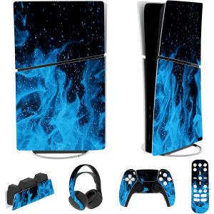 Eryi-Autocollant Protection Pour Ps5 Slim Console Accessoires,Sticker Skin Pour Ps5 Manette & Télécommande & Casque & Station De Charge,Digital Edition-Bleue Flamme - Neuf