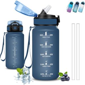ERYI-Gourde Enfant, Gourde 500Ml, Gourde Paille, Anti Fuite, Gourde Graduée Pour 1 Journee, Facile À Nettoyer, Gourde Graduée, Verrou De Sécurité, Avec Slogan De Motivation, Bouteille Pour École, Cam - Neuf