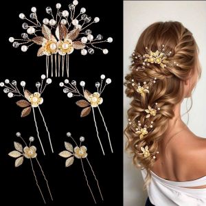 Kal-Bride Wedding Pins & Peigne &Agrave; Cheveux Fleur Feuille Bridal Pi&egrave;ces De Cheveux De Mariage Accessoires Pour Cheveux Perle Bridal Clips Pour Les Femmes Et Les Filles Pack De 5 (Or) - Neuf