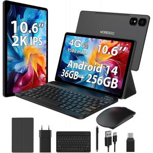 KALWS-Tablette Android 14 De 10,6 Pouces,4G Lte Et 5G Wifi,2.0Ghz Octa-Core,36Gb Ram+256Gb Rom (1Tb Tf),2K 2000X1200 Fhd Display,Gms/Gps/8+13Mp/Batterie 9580Mah Avec Clavier+Souris (Noir) - Neuf