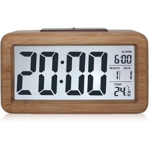 R&eacute;veil num&eacute;rique en bois avec grand &eacute;cran LCD, petite horloge de table avec date, affichage de la temp&eacute;rature, veilleuse, horloge avec modules snooze pour chambre &agrave; coucher, bureau - Neuf