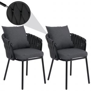 Lot de 2 chaises de salle &agrave; manger en aluminium HWC-P89, chaise d'int&eacute;rieur avec accoudoirs, tissu/textile (180 g/m&sup2;) tressage en cordeanthracite - Neuf
