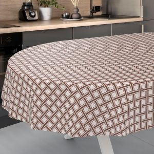 SJZG-Nappe En Toile Cir&eacute;e, Lavable, Pour Table De Jardin, Ext&eacute;rieur Et Int&eacute;rieur, Ovale, Bord Coup&eacute;, Carreaux Beiges, 200 X 140 Cm - Neuf