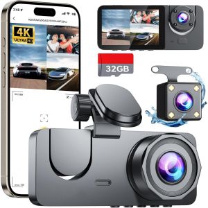 JGD-4K Dashcam Voiture Avant Arri&egrave;re, Wi-FI GPS Cam&eacute;ra Voiture avec Carte SD 32G, Camera Voiture &agrave; 3 canaux Grand Angle 170&deg;, Vision Nocturne,WDR,G-Capteur,Mode Stationnement 24H,Enregistrement en Bo - Neuf