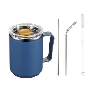 Mug &Agrave; Caf&eacute; En Acier Inoxydable De 450 Ml Avec Couvercle Et Anse, Bleu Fonc&eacute; - Neuf