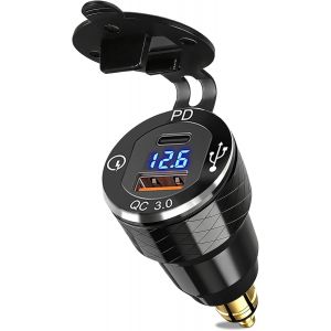 ELVORIX-Prise USB C DIN Chargeur pour Voiture with LED Voltmeter, Dual USB Din Hella Socket PD3.0 et 18W QC3.0 Waterproof Aluminum Adaptateur Allume Cigare pour Motos 12V/24V Ducati Triumph BWM Motor - Neuf