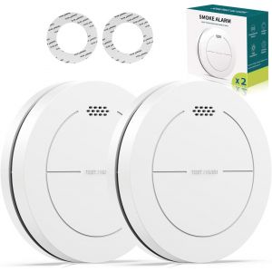 Detecteur de fumée, Batterie de 10 Ans, sans LED Clignotante, Fonction muet, avec tampons adhésifs, Son d'alarme de 85 DB, Alarme Incendie Plate, 2 Pack - Neuf