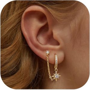 Kal-Boucles D'oreilles Argent 925 Pour Femme Plaqu&eacute;e Or 14 Carats Dangle Cha&icirc;ne Boucles D'oreilles, Double Creoles Or/Argent Pour Plusieurs Piercings Oreille Helix Tragus Piercing Bijoux - Neuf