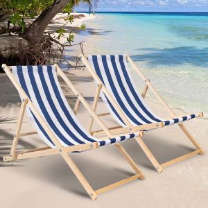 Chiliennes Pliantes R&eacute;glables Chaise Longue Bain De Soleil Avec Accoudoirs Pliante Bois Pliable Bleu Blanc 2 Pi&egrave;ces - Neuf