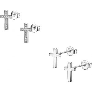 2 Paires Boucles D'oreilles En Argent 925 Boucles D'oreilles Croix Femme Clous D'oreilles Argent Avec Zircone Cubique Petites Boucles D'oreilles Argent Pour Femme Fille Homme - Neuf