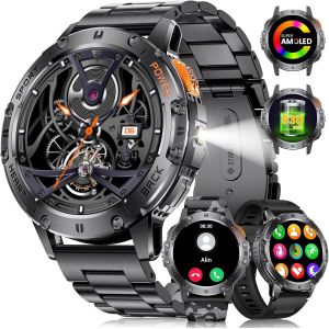 Montre Connectée Homme(3 Bracelets),530mah,5atm Étanche,1.43"" Amoled Montre Tactile Connecté Militaire Avec Torche Led Moniteur Fréquence Cardiaque Podomètre Fitness Tracker Pour Ios Android - Neuf