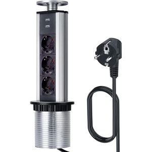 Multiprise escamotable avec 3 prises et 2 ports USB - Avec s&eacute;curit&eacute; enfant et c&acirc;ble de 1,8 m - Compl&egrave;tement dans un plateau de table - Multiprise pour bureau, cuisine, atelier - Diam&egrave;tre : 80 - Neuf