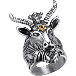 Kahfl-Bague Baphomet Chevalière Satanique Homme Acier Inoxydable Bijoux Satan Gothique Biker Vintage Bagues Anneau Taille 56 Cadeau Pour Ado Garçon Femme - Neuf