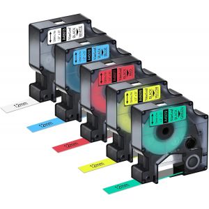 Lot de 5 rubans encreurs 45013 45016 45017 45018 45019 compatibles avec D1 100 160 210D 360D 420P 450D PnP LW 450 Duo Noir sur blanc, jaune, rouge, vert, bleu 12 mm x 7 m - Neuf