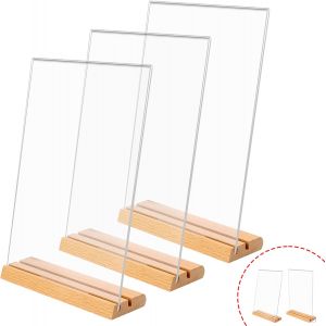 Ulteronixshop-Lot de 3 support en acrylique A4 avec base en bois amovible, support d'affichage double face, pour restaurant, boutique, h&ocirc;tel - Neuf