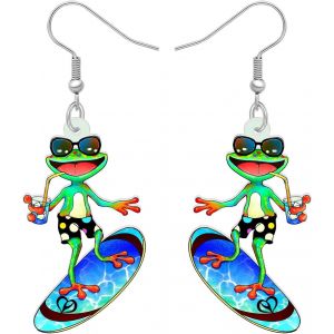 Kal-Boucles D'oreilles En Acrylique Forme De Grenouille Verte Cocktail De Surfeur Livre Pendentif Animaux De Dessin Animé Hawaïen Bijoux Amusants Pour Femmes Cadeaux Breloques - Neuf