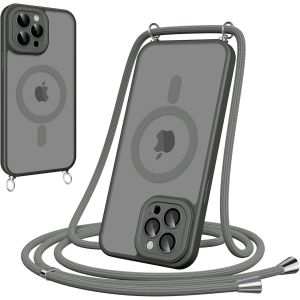 Maa-Coque Magnétique Pour Iphone 12 Pro Max Avec Cordon, [Compatible Avec Magsafe] Etui Translucide Mat Arrière Anti-Jaunissement Antichoc Réglable Portable Lanyard Case Protection, Gray - Neuf